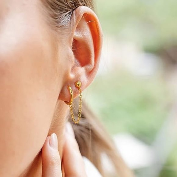 Gold Double Pierced Ears Connected Earrings Chain Hoops Piercing Hoop Studs - Picture 6 of 11